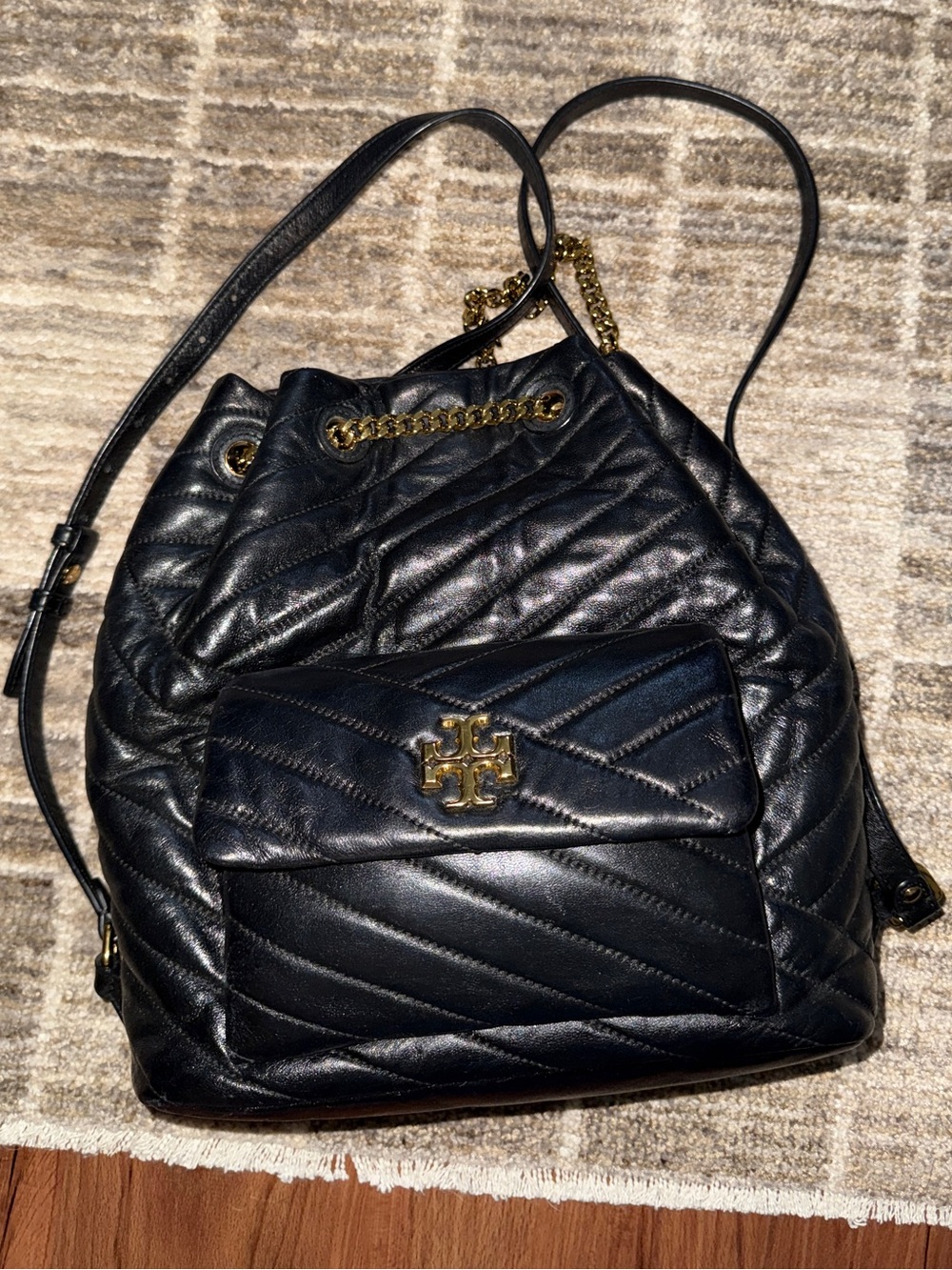Tory Burch Black Quilted Leather Drawstring Backpack with Gold Chain